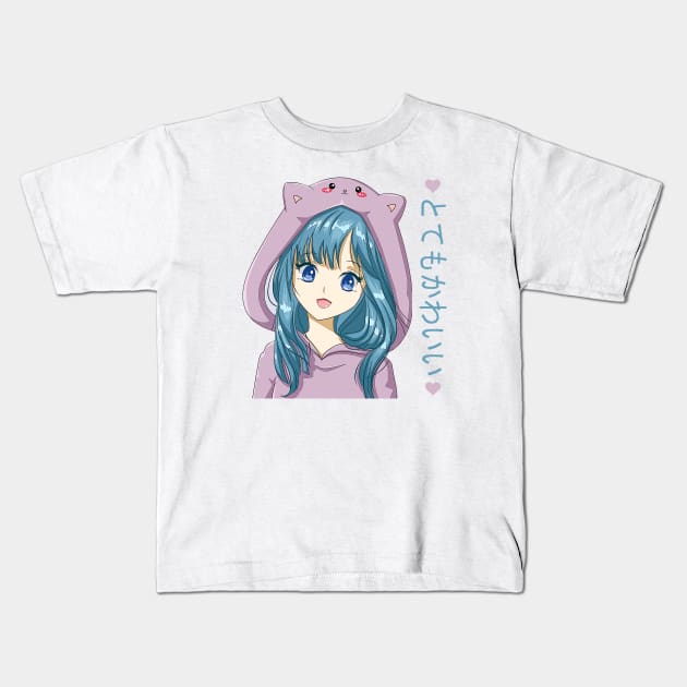 Kawaii Anime Cat Girl Kids T-Shirt by PlayfulPandaDesigns